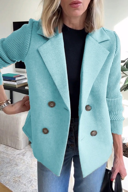 Unisex beige cotton-blend casual jacket with knit sleeves, lapel collar, and button-down front