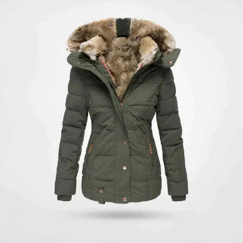 Women's Zelina winter coat black modern silhouette thick insulation soft-edged faux fur hood