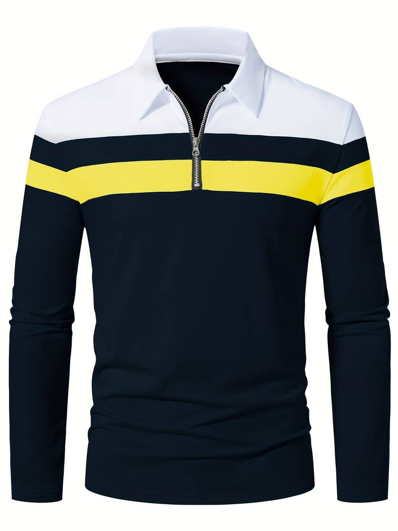 Men's navy blue long-sleeve zip-up polo shirt modern front zip classic silhouette semi-formal casual