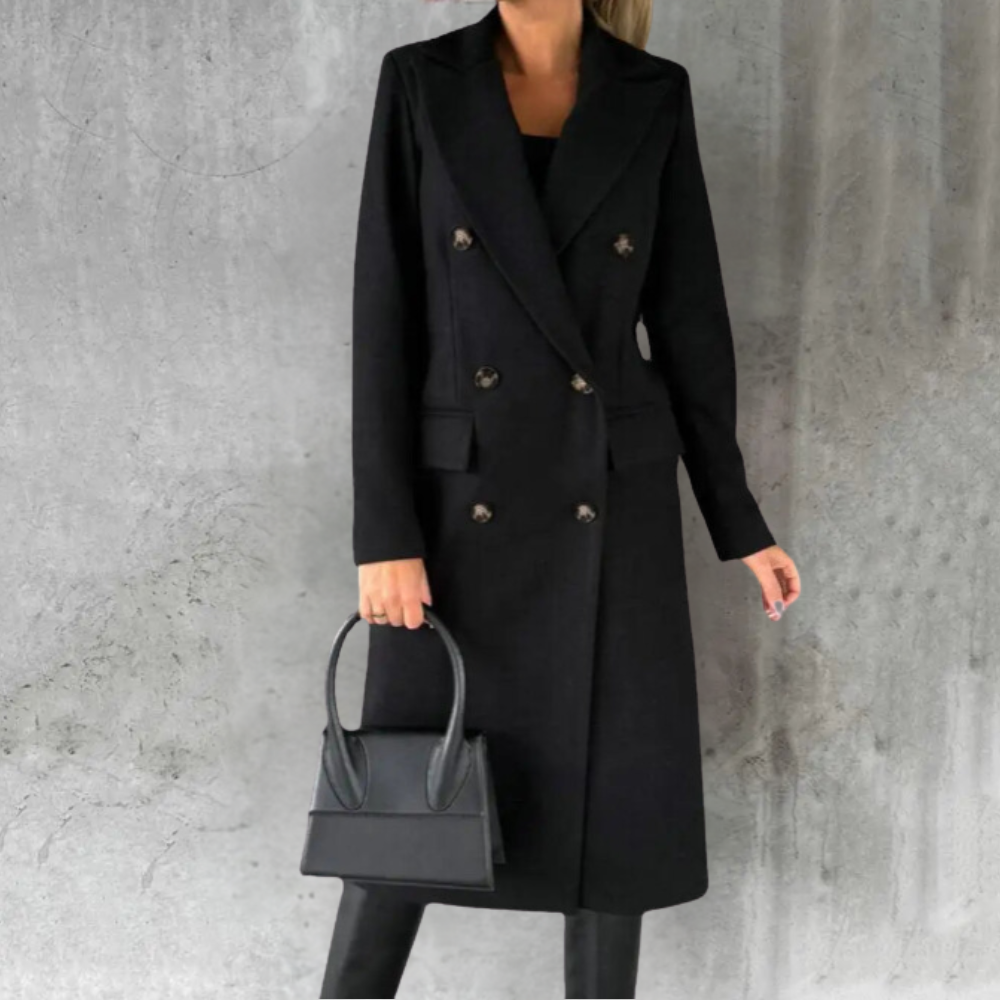 Camel double-breasted winter trench coat structured long silhouette professional tailored style