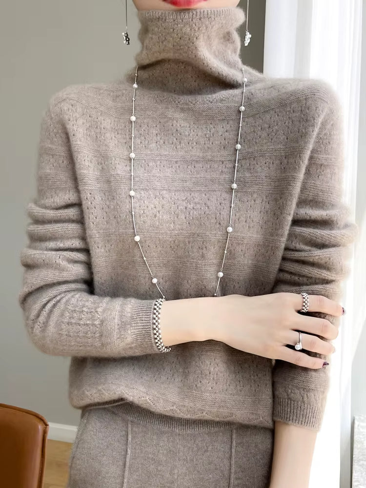 Women's wool turtleneck pullover in neutral tone, featherlight stacked collar knit with subtle pattern