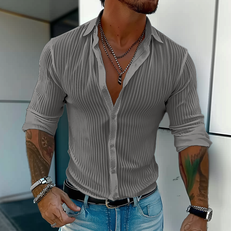 Men's slim fit white vertical striped lightweight button-front shirt with clean modern silhouette
