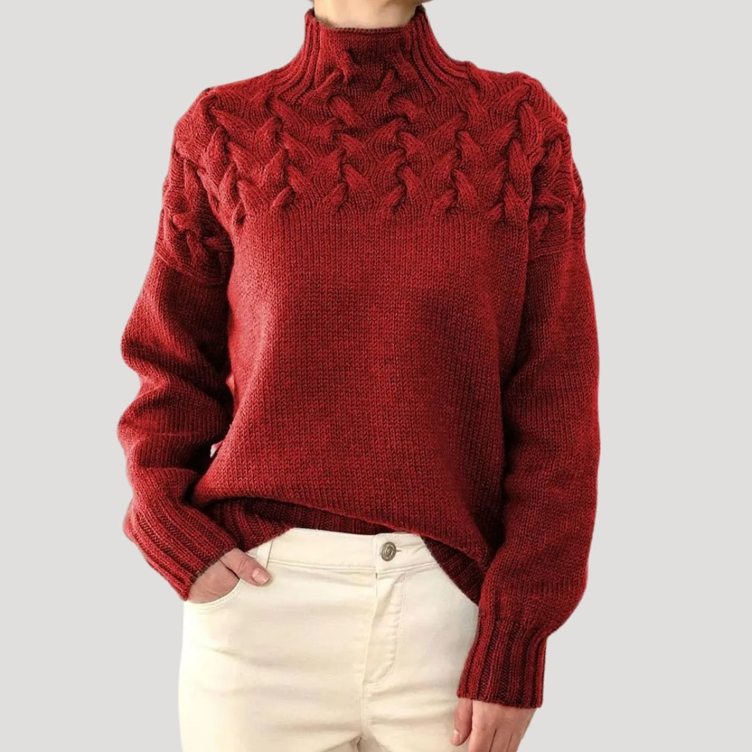 Women's cream cable knit high-neck sweater with textured pattern, cozy classic spring top