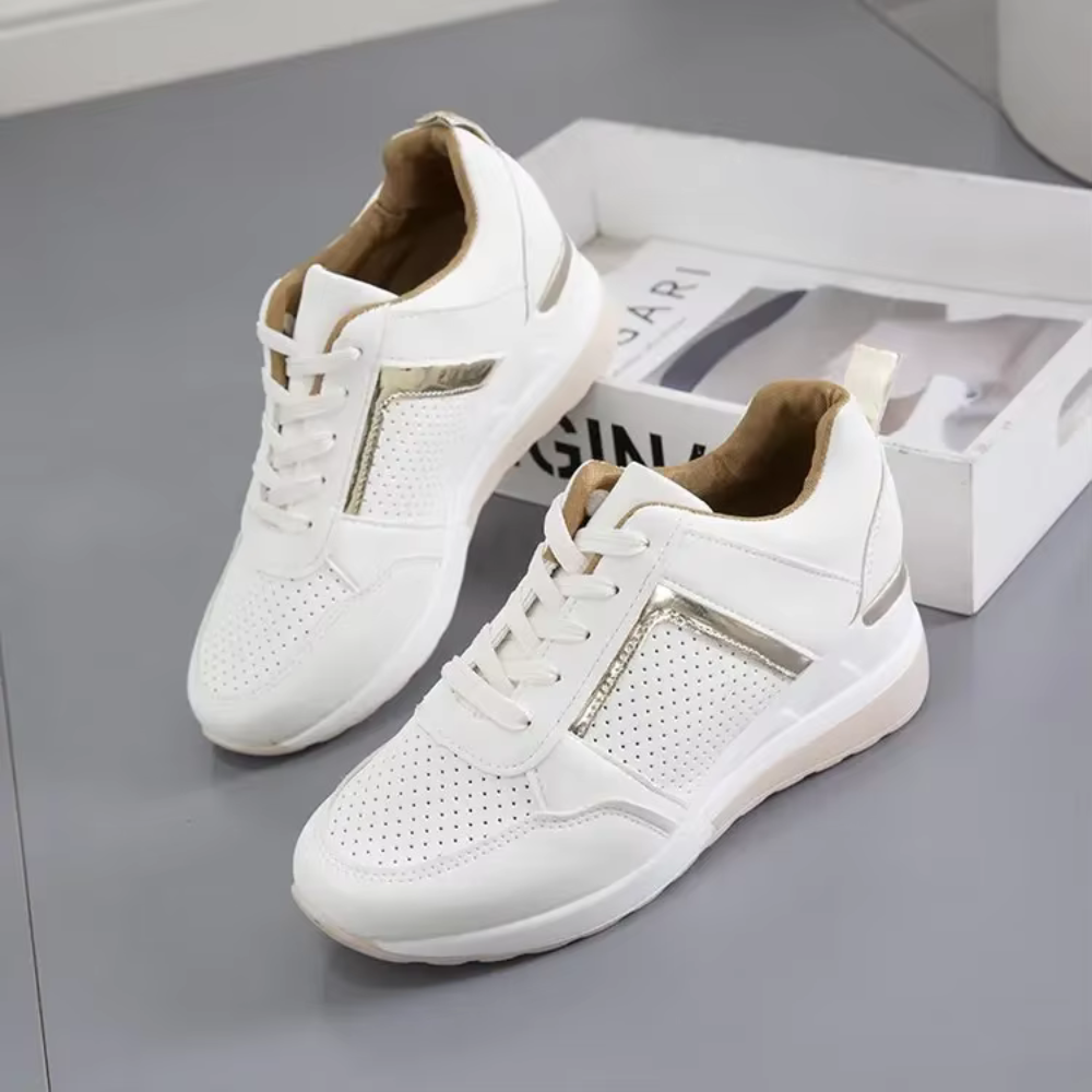 Women's white orthopedic wedge sneakers with 5cm heel lift for all-day comfort and targeted support