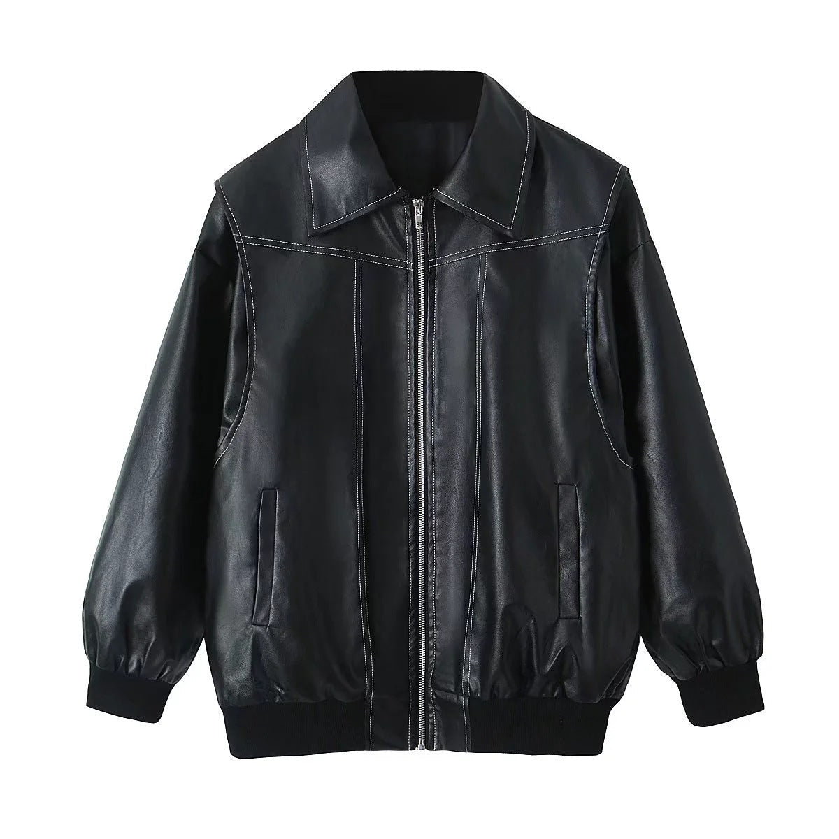 Women's black oversized faux leather motorcycle jacket with zip closure and edgy contemporary silhouette