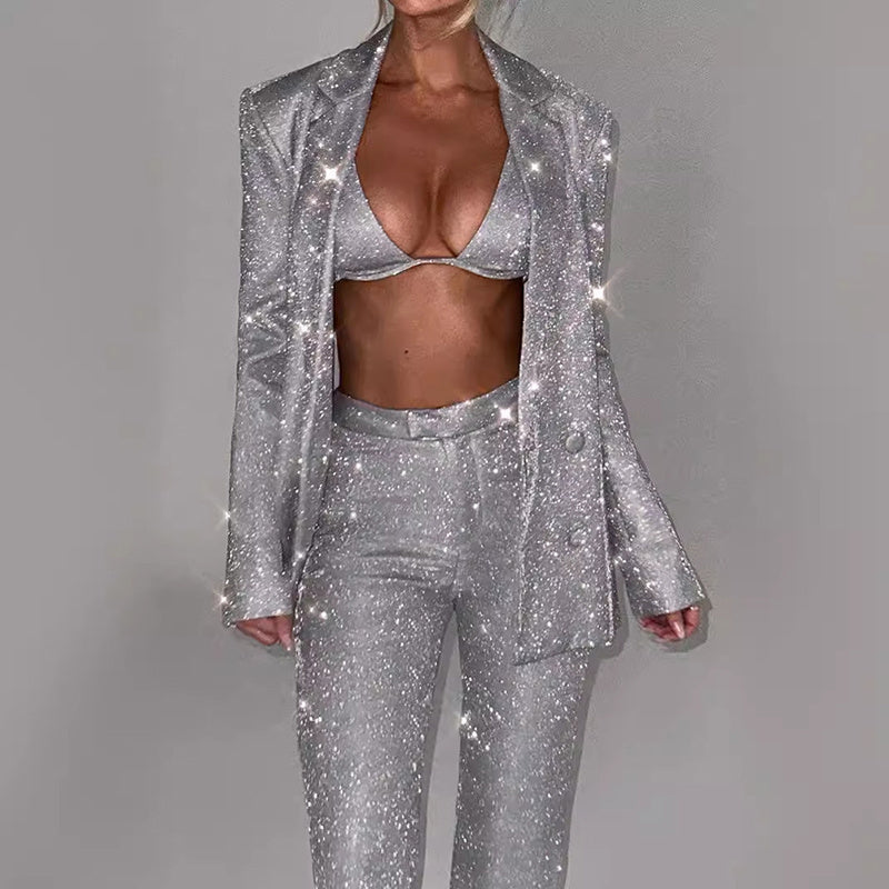 Women's silver sequined blazer suit set with lapels and straight-cut pants for party occasions