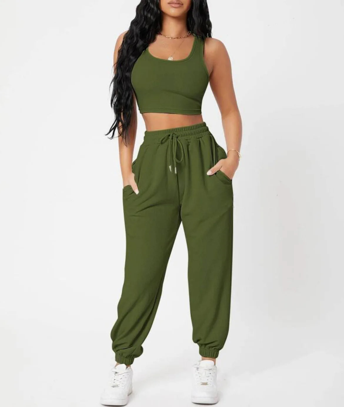 Women's ultra-soft crop top and high-rise joggers lounge set in matching two-piece silhouette