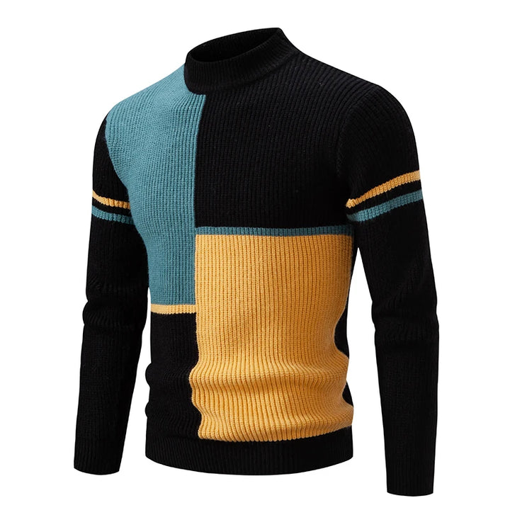 Men's color block ribbed sweater with bold contrast panels, structured knit pullover for all-day comfort