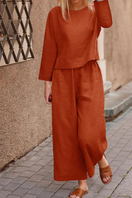 Women's beige linen layered top and wide-leg trousers set, breathable summer co-ord outfit