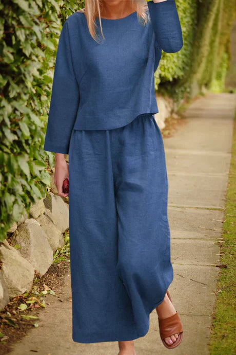 Women's beige linen layered top and wide-leg trousers set, breathable summer co-ord