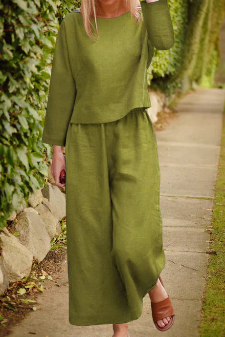 Women's linen set layered top wide-leg trousers breathable airy summer two-piece outfit