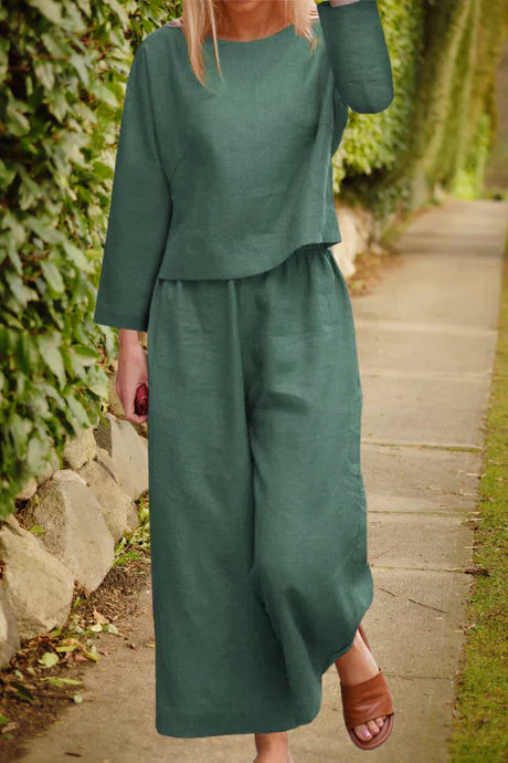 Women's beige linen layered top and wide-leg trousers set, breathable summer co-ord outfit