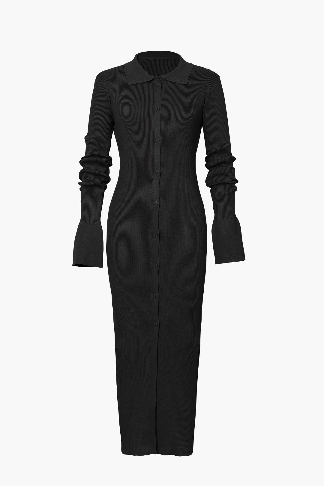 Women's ribbed knit maxi dress with structured collar, long sleeves, and button-front placket