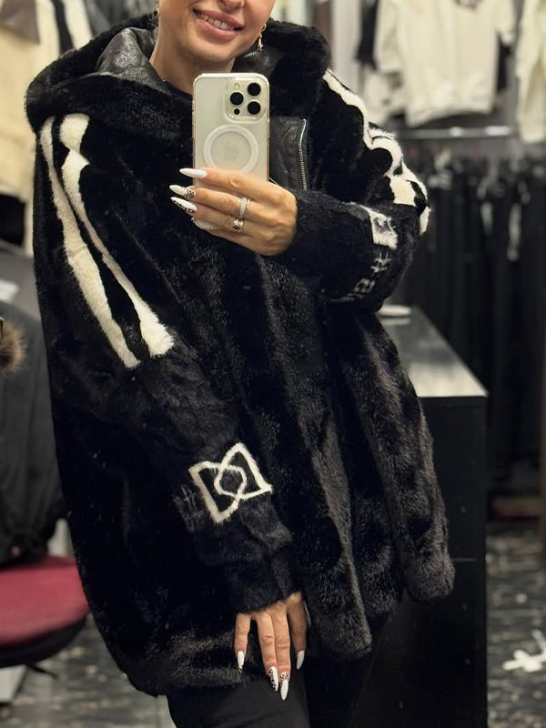 Women's plush hooded casual coat vertical stripe print warm winter blended outerwear