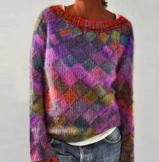 Women's relaxed cashmere wool sweater with colorful diamond pattern, soft cozy loose fit luxurious knit