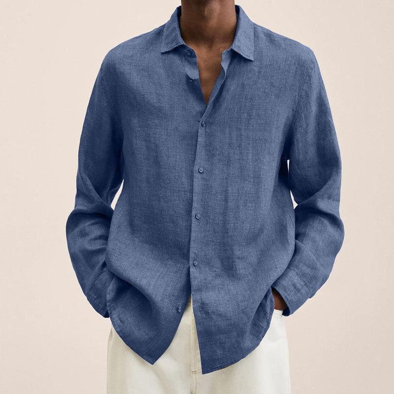 Men's navy linen shirt relaxed fit long-sleeve breathable natural fiber blend everyday style