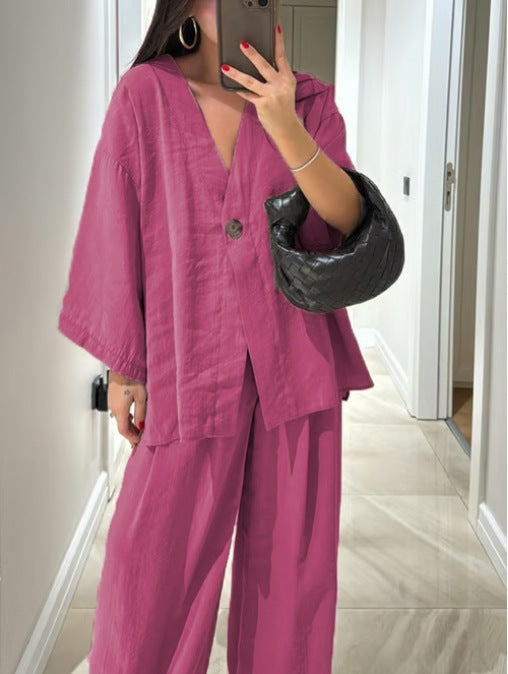 Women's solid color v-neck top and pants two-piece polyester set casual relaxed everyday wear
