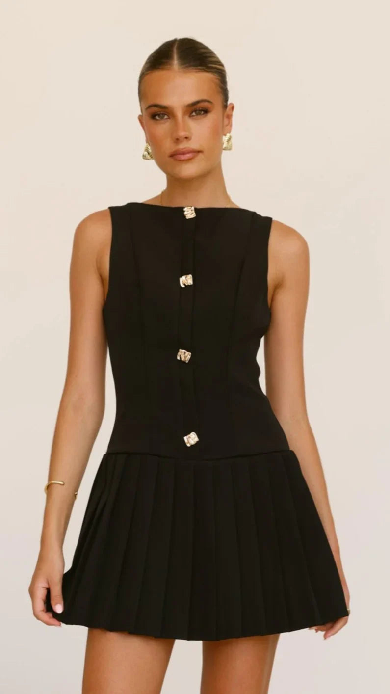 Sheer high-neck pleated dress with chiffon overlay, structured silhouette for bridal and evening events