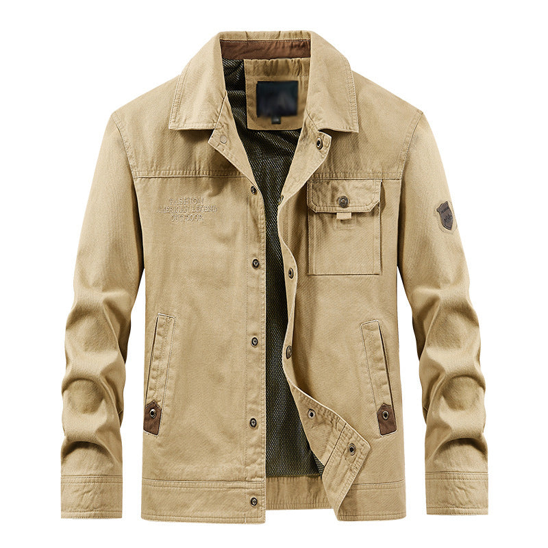 Men's casual work jacket cotton blend snap-front closure shirt collar functional pockets professional style
