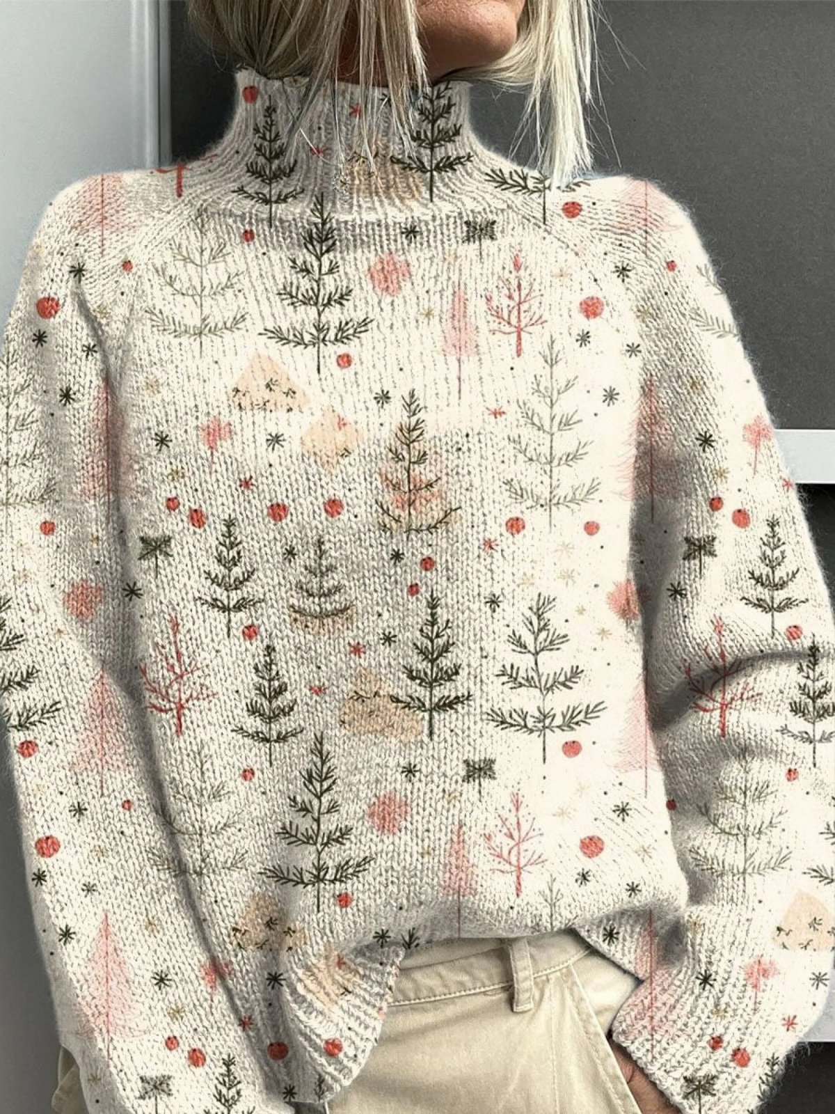 Women's red holiday turtleneck sweater, cozy soft knit with high neck for warm winter layering