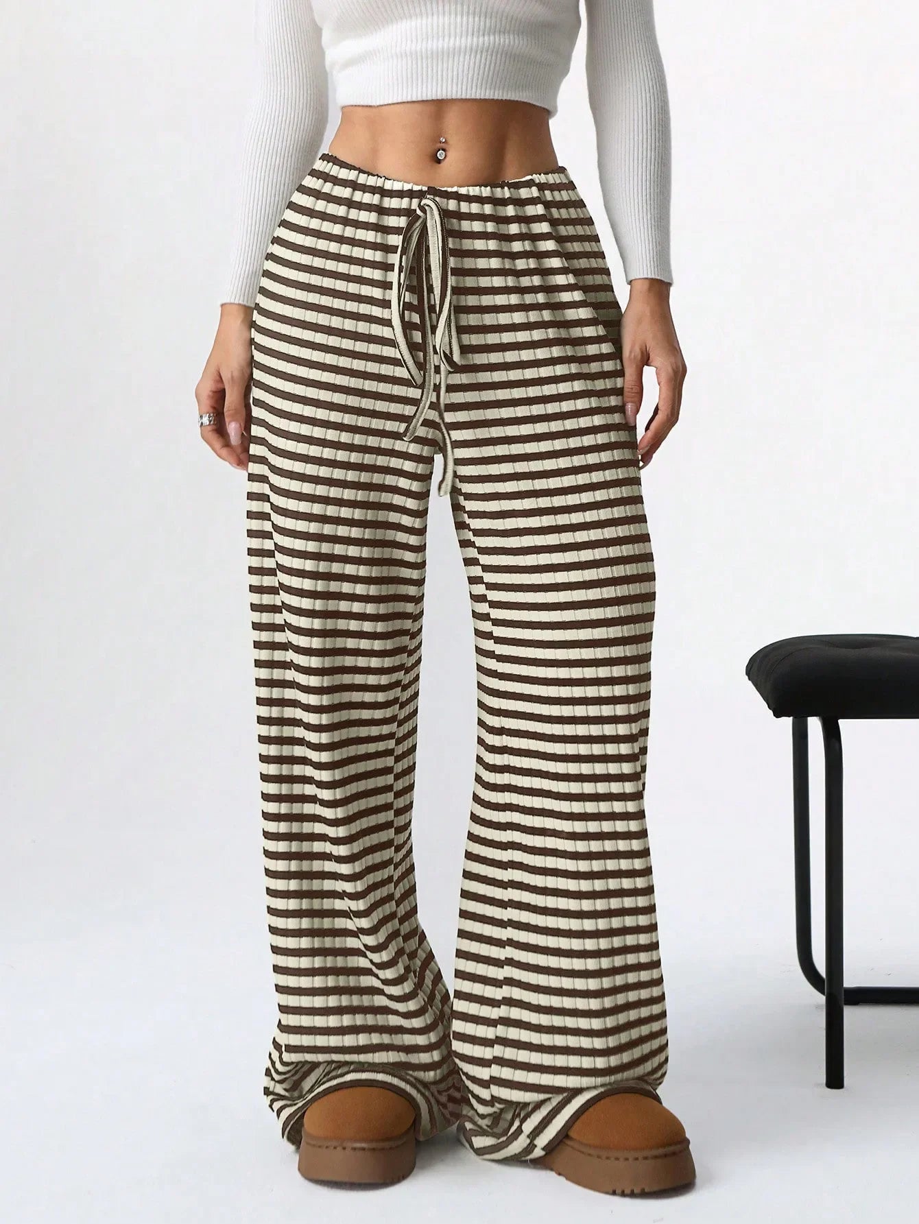 Women's wide leg high rise lounge pants soft cotton blend textured stripe knit in neutral tone