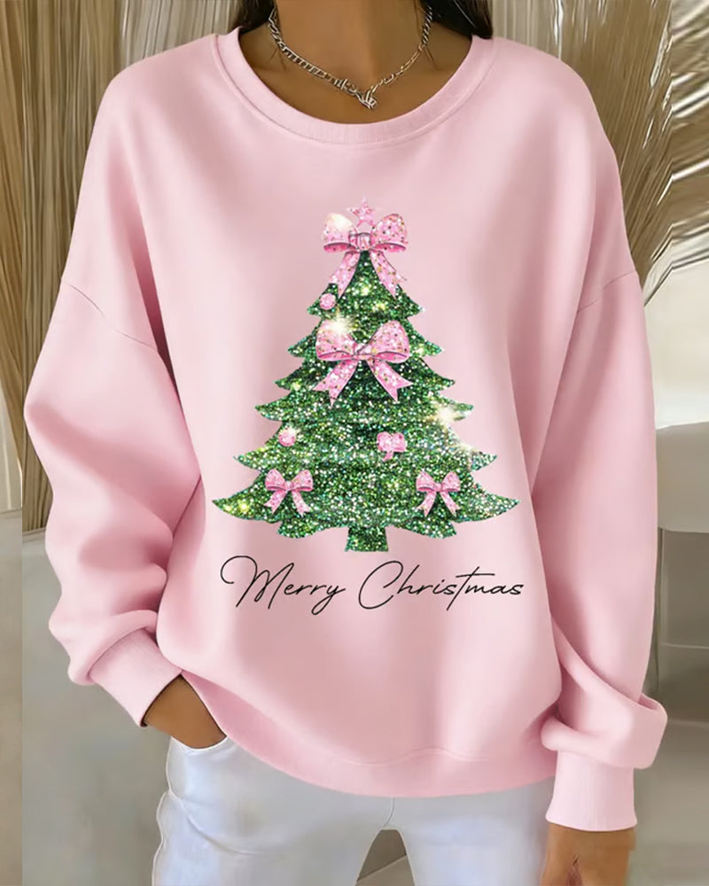 Women's holiday sweater with sparkling glitter Christmas tree pink bows soft relaxed fit festive style