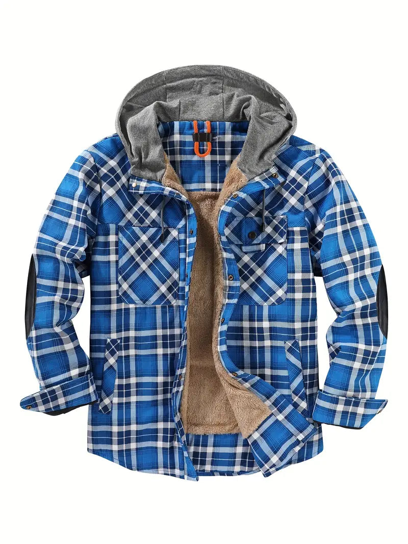 Unisex hooded checked jacket with cozy fleece lining, classic plaid pattern, versatile outdoor coat