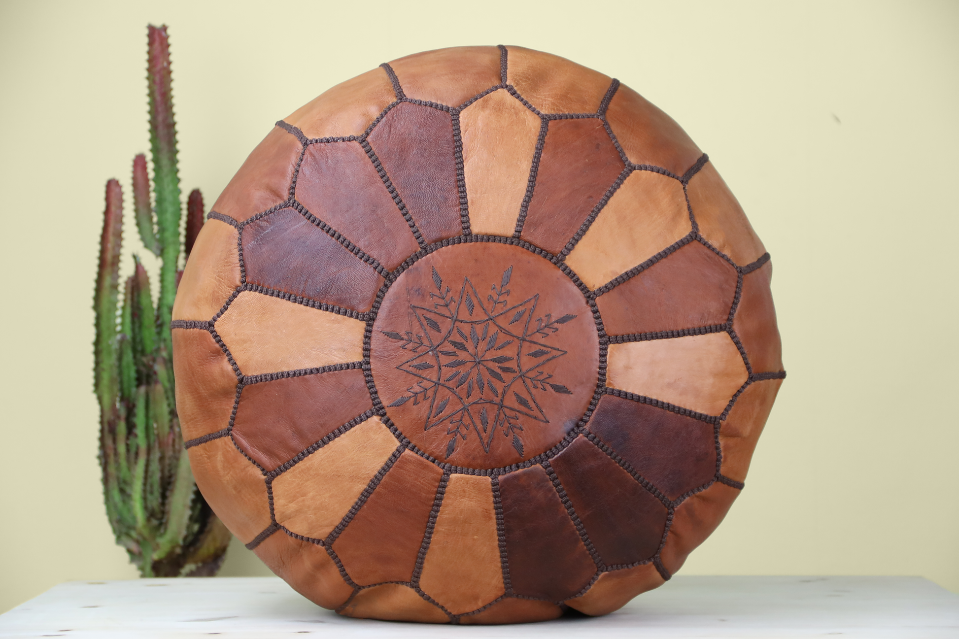 Wood Brown Leather Ottoman Pouf - Urbann-Vibe