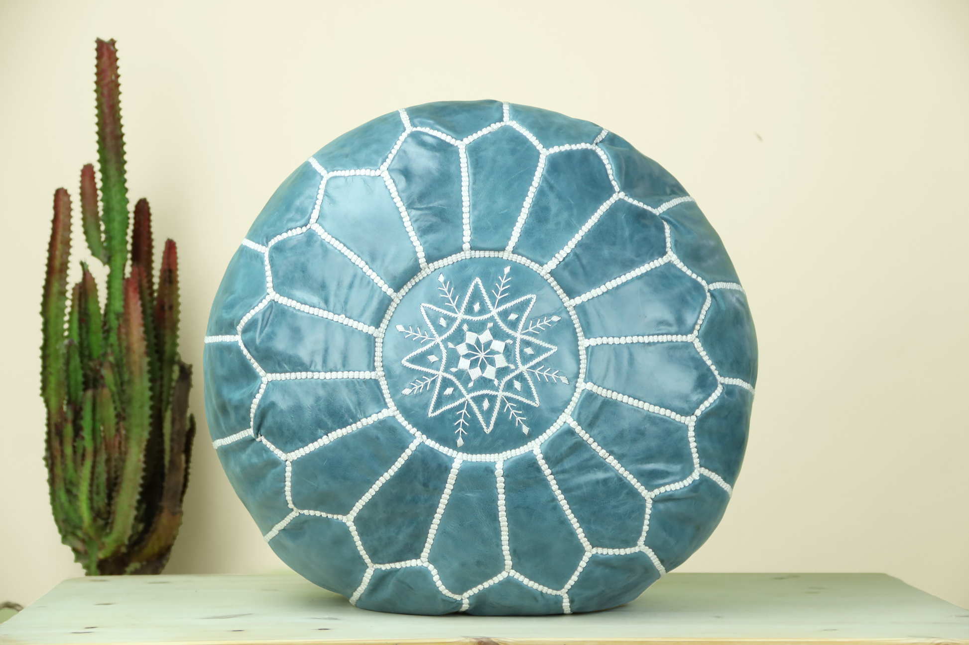 Ceramic Blue Leather Ottoman Pouf - Urbann-Vibe