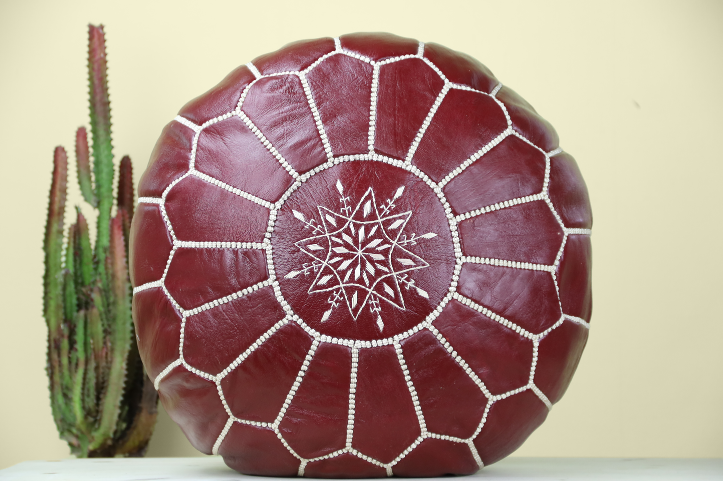 Maroon Leather Ottoman Pouf - Urbann-Vibe