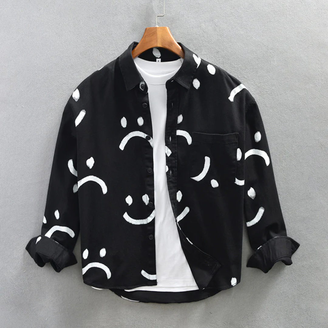 White cotton long sleeve shirt with minimalist abstract smiley print, relaxed casual everyday fit