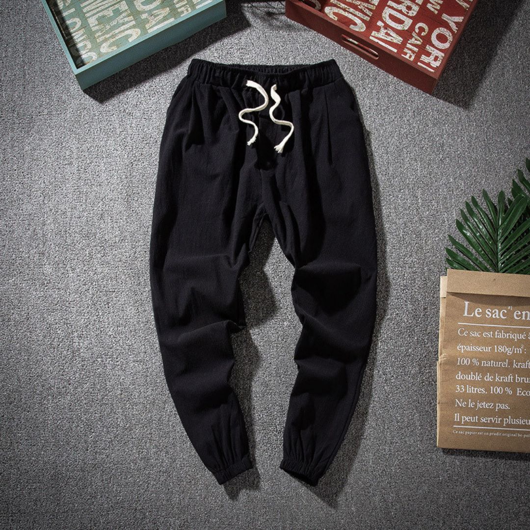 Men's beige linen joggers relaxed tailored fit lightweight breathable classic silhouette