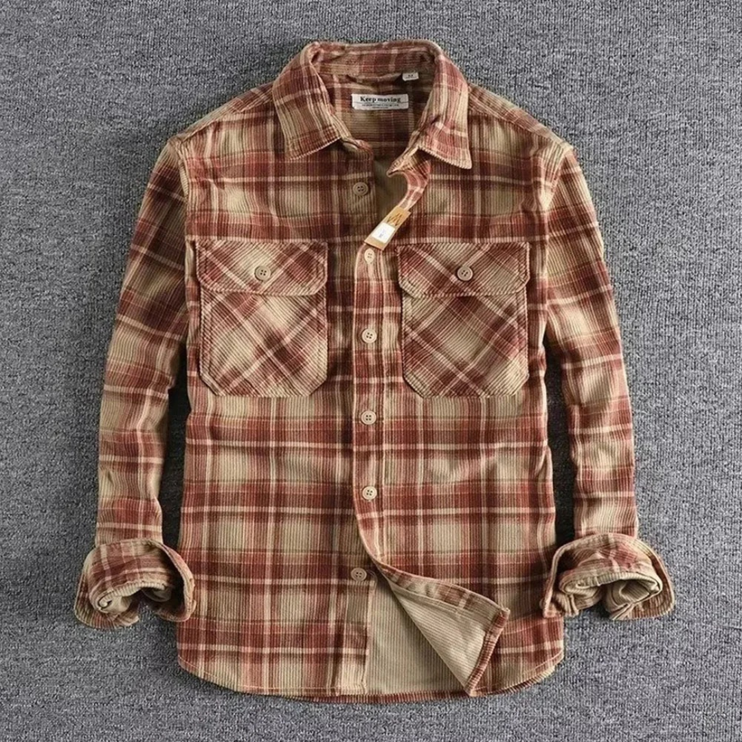 Unisex relaxed fit corduroy plaid shirt in washed finish, versatile as jacket or top