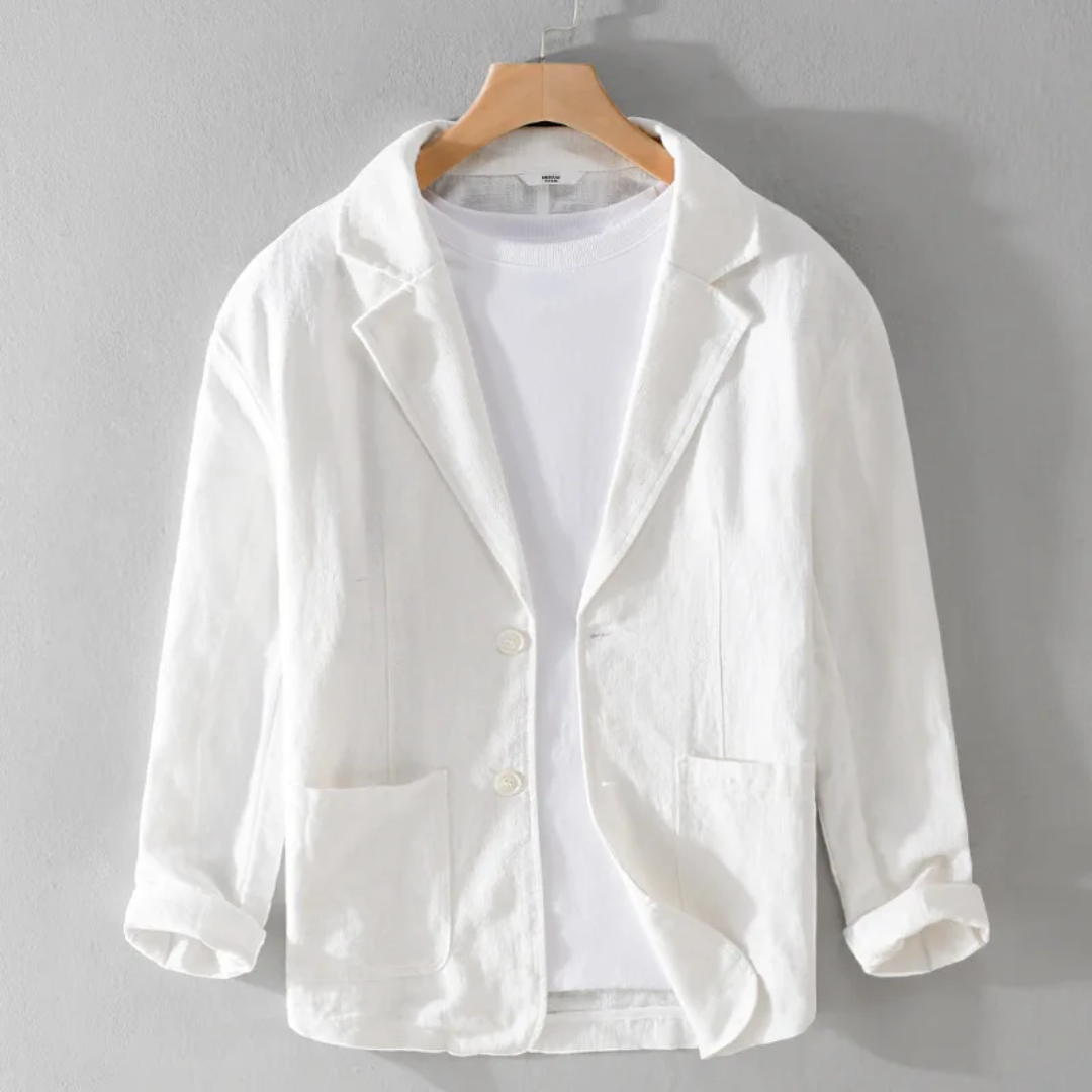 Men's relaxed fit cotton linen blend jacket individually dyed for unique character, lightweight layer