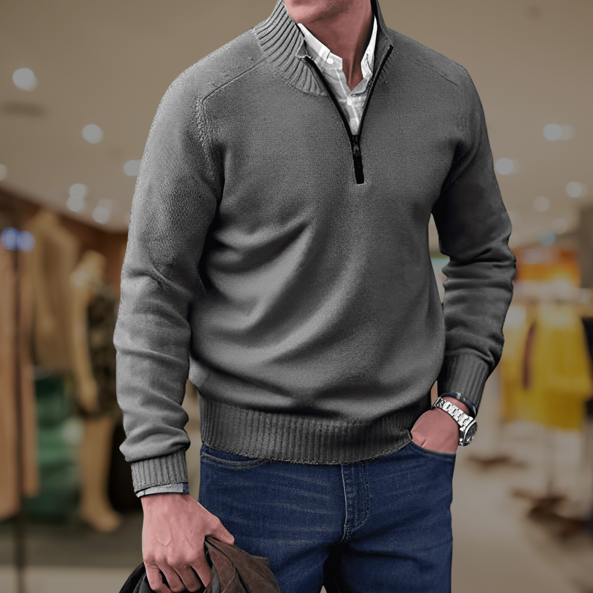 Unisex quarter-zip knit sweater lightweight layering essential with ribbed stand collar everyday style