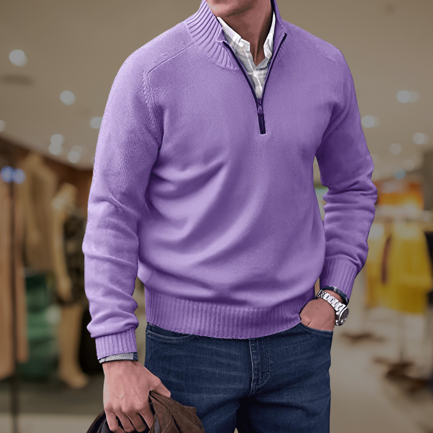 Unisex quarter-zip knit sweater lightweight layering essential with ribbed stand collar everyday style
