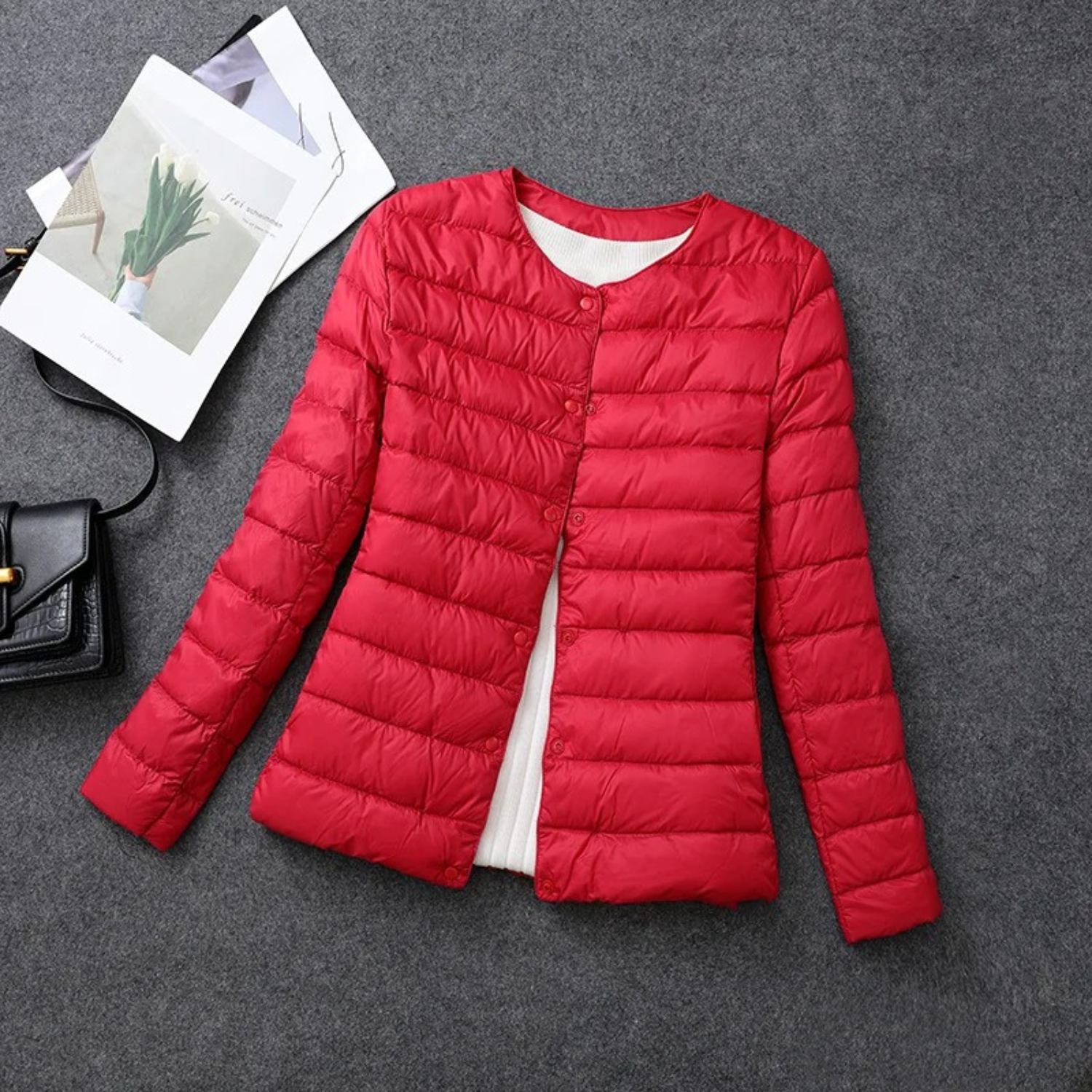 Women's quilted puffer jacket neutral tone button closure round neckline lightweight transitional layer