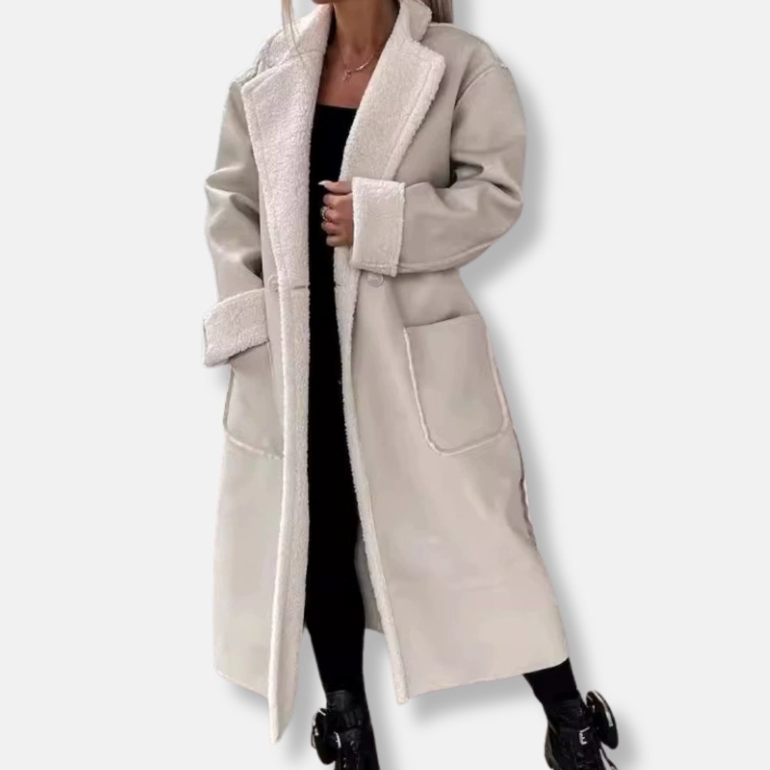 Women's oversized wrap long coat with faux shearling lining, tie belt, and patch pockets for cozy warmth