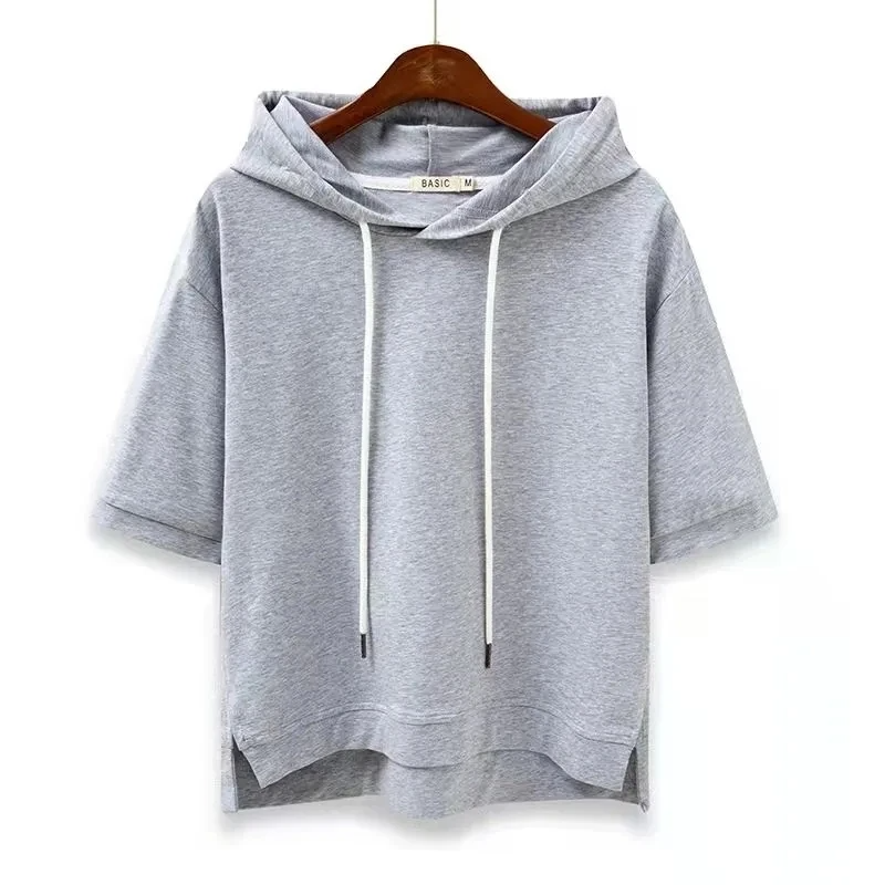 Women's cotton short-sleeve hoodie relaxed hip-length fit with drawstring hood for everyday casual wear