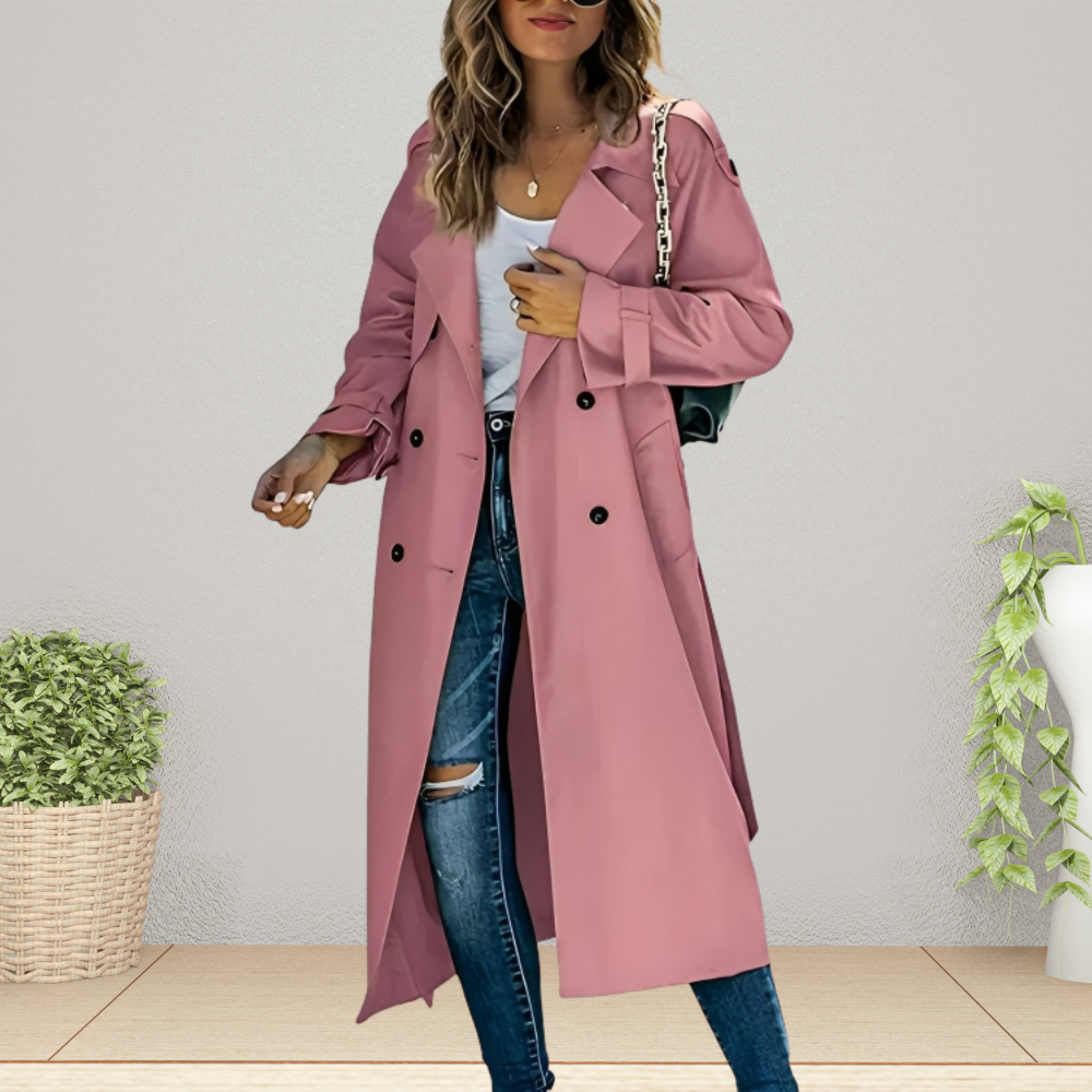 Women's double-breasted longline trench coat in classic style with polished button-front closure