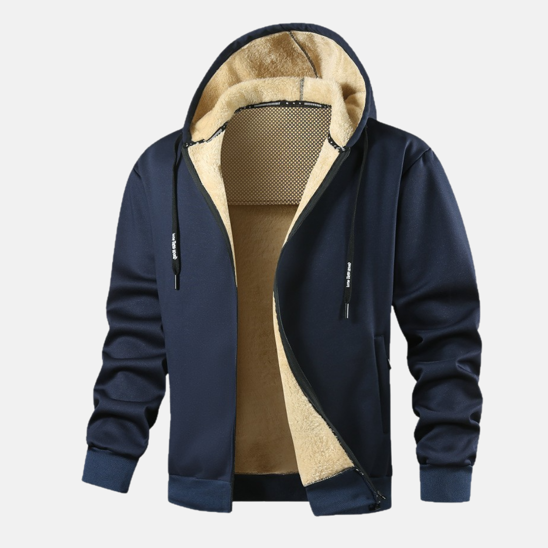 Men's black zip-up hoodie jacket relaxed fit with plush fleece lining for cozy winter warmth