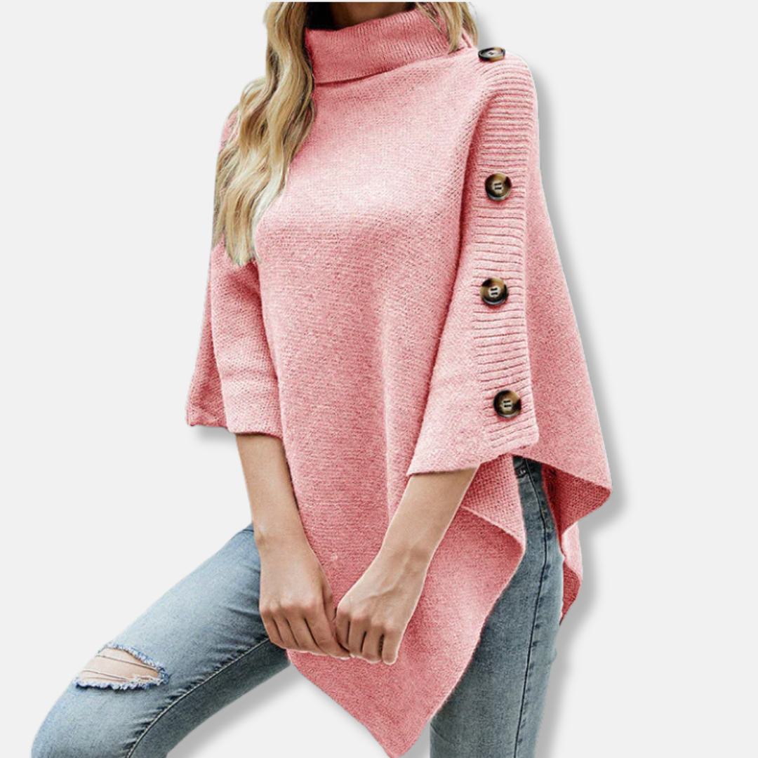Women's knitted poncho high neck oversized fit asymmetrical hem cozy street style layering piece