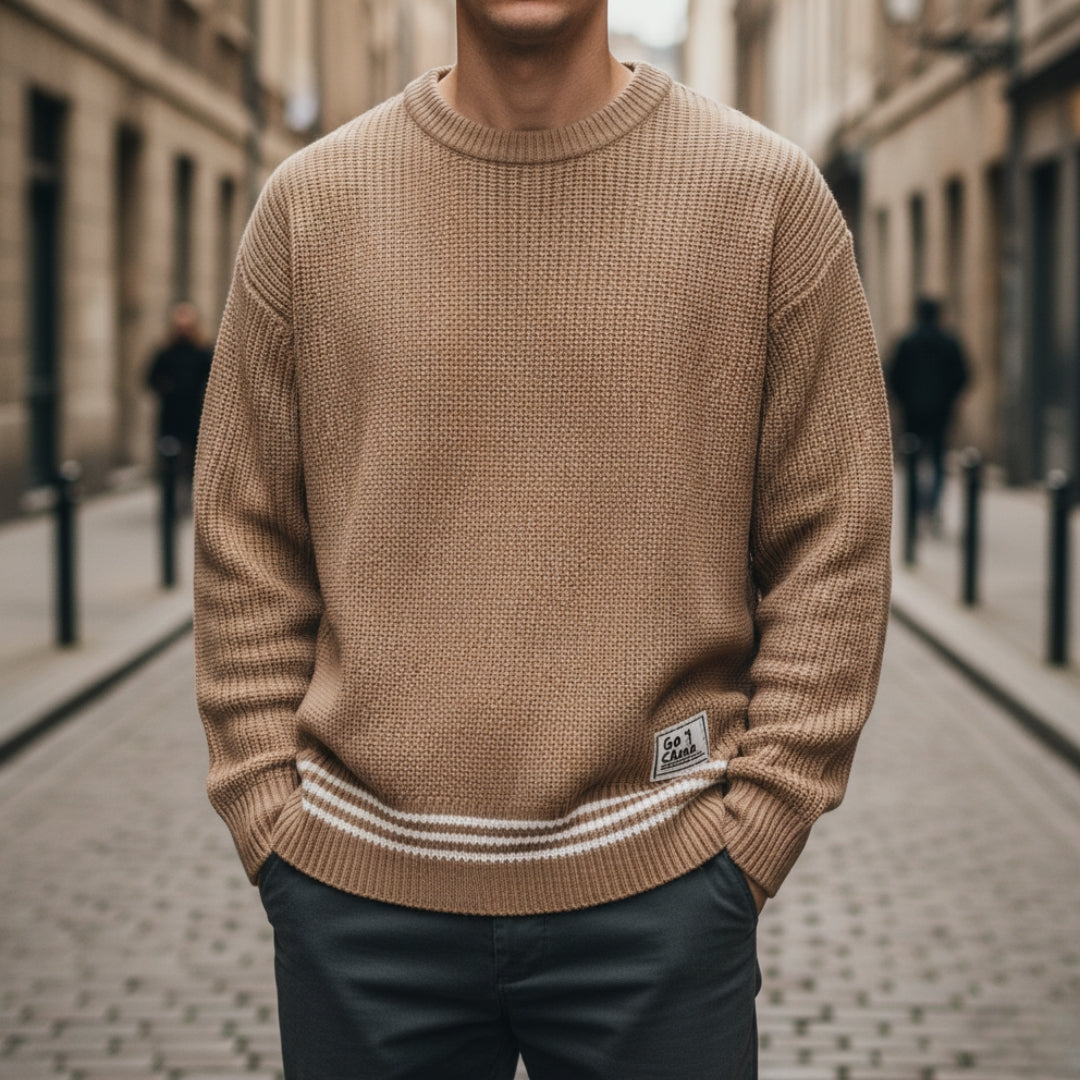 Casual ribbed crew neck unisex sweater with stripe hem detail, versatile everyday knit essential