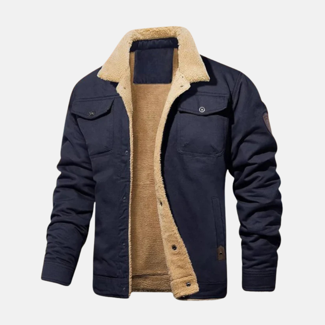 Men's relaxed-fit cotton-blend jacket with sherpa collar in neutral tone for fall warmth