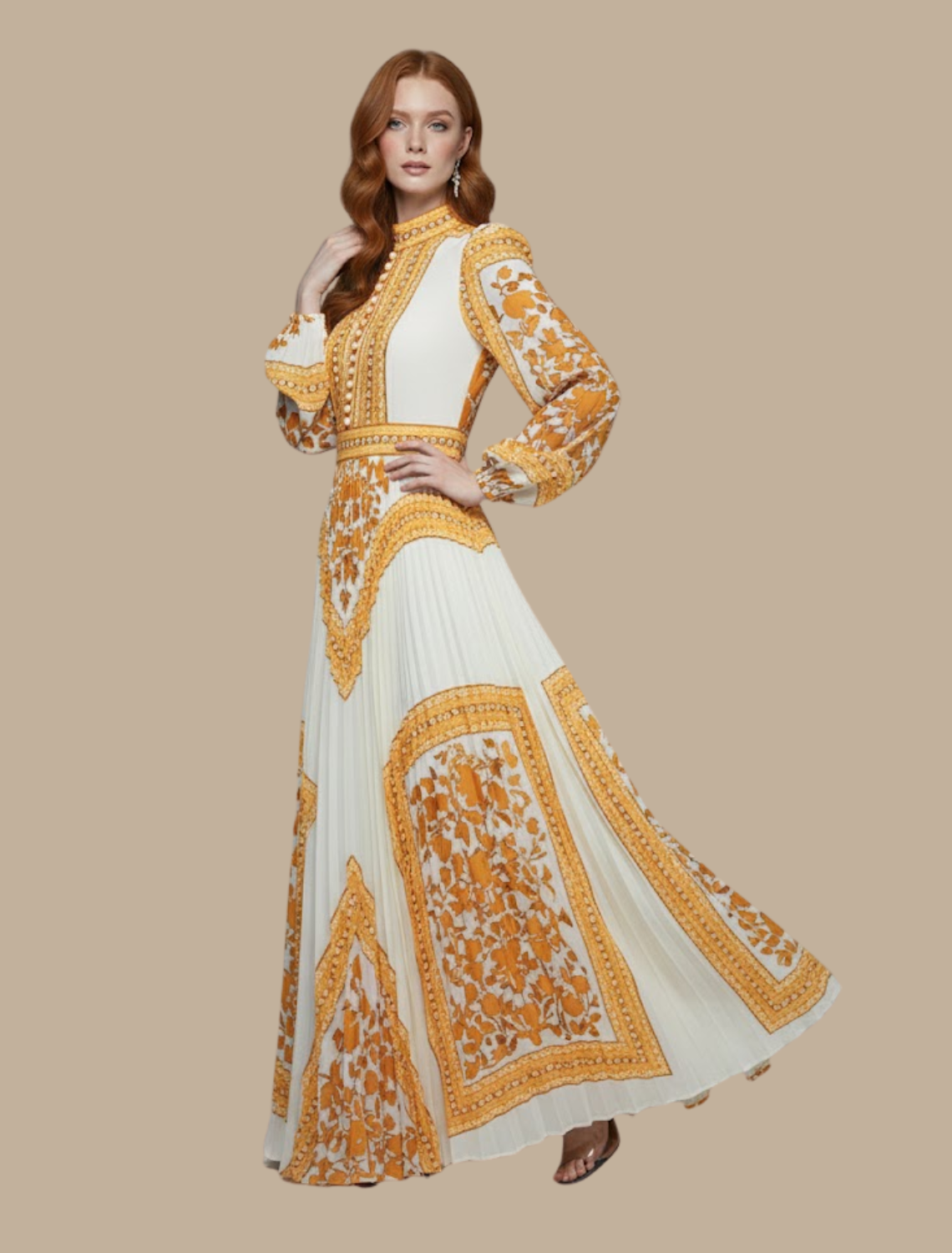 Women's pleated maxi formal gown, high neck long sleeves, floor-length elegant evening dress