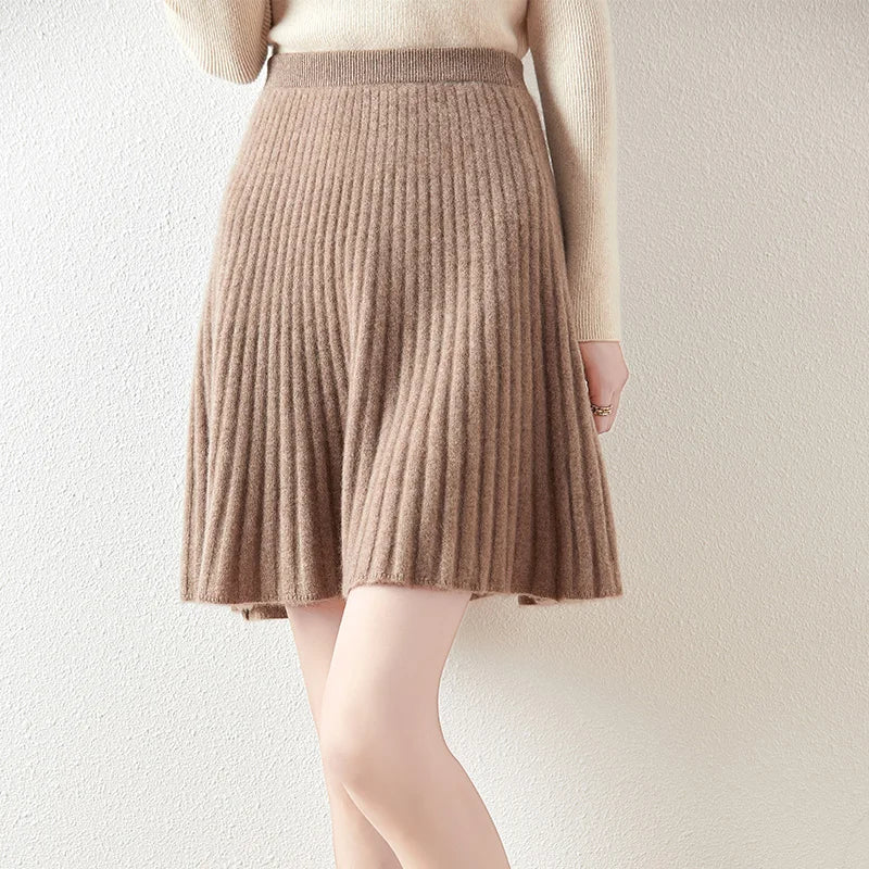 Women's merino wool ribbed A-line skirt, cozy lightweight knit with subtle texture detail