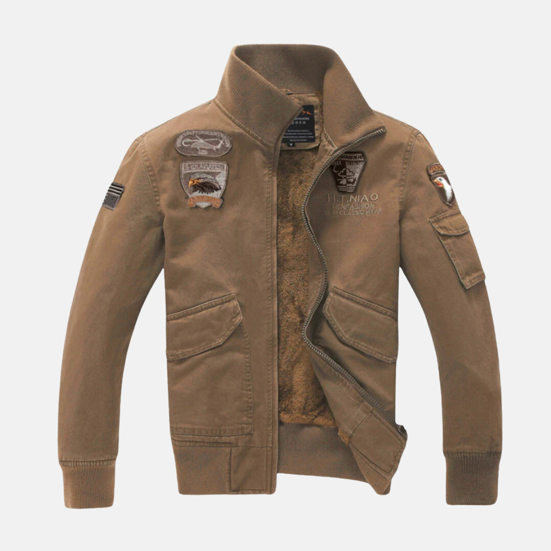 Men's slim fit bomber jacket with plush lining and embroidered patches, rugged Nordisk style