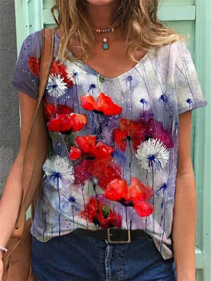 Artistic floral print V-neck t-shirt women flattering fit soft sustainable fabric everyday wear
