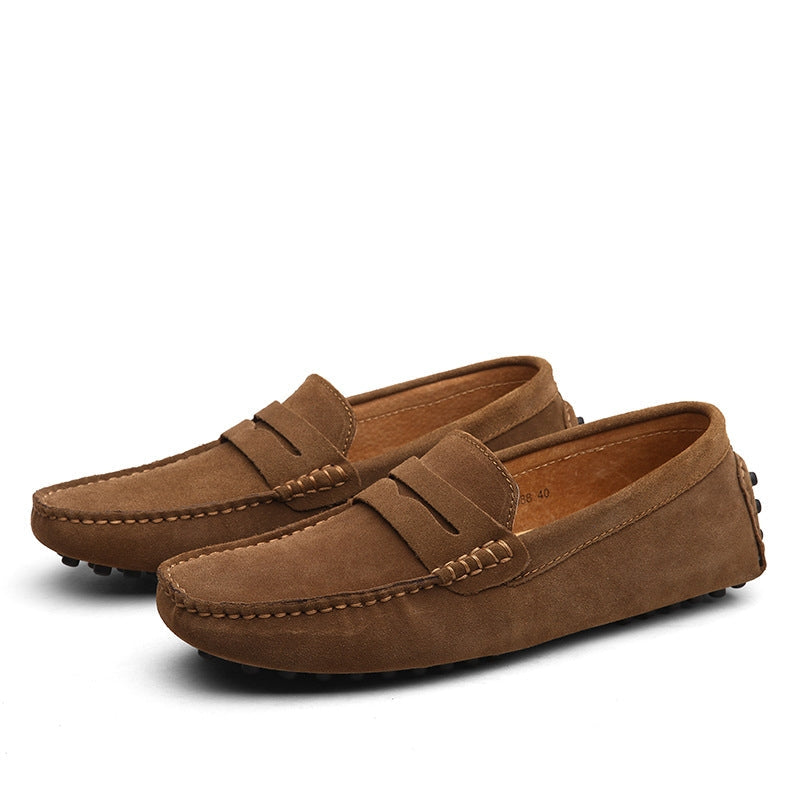 Men's brown suede loafers slip-on style cushioned lining rubber grip outsole refined casual comfort