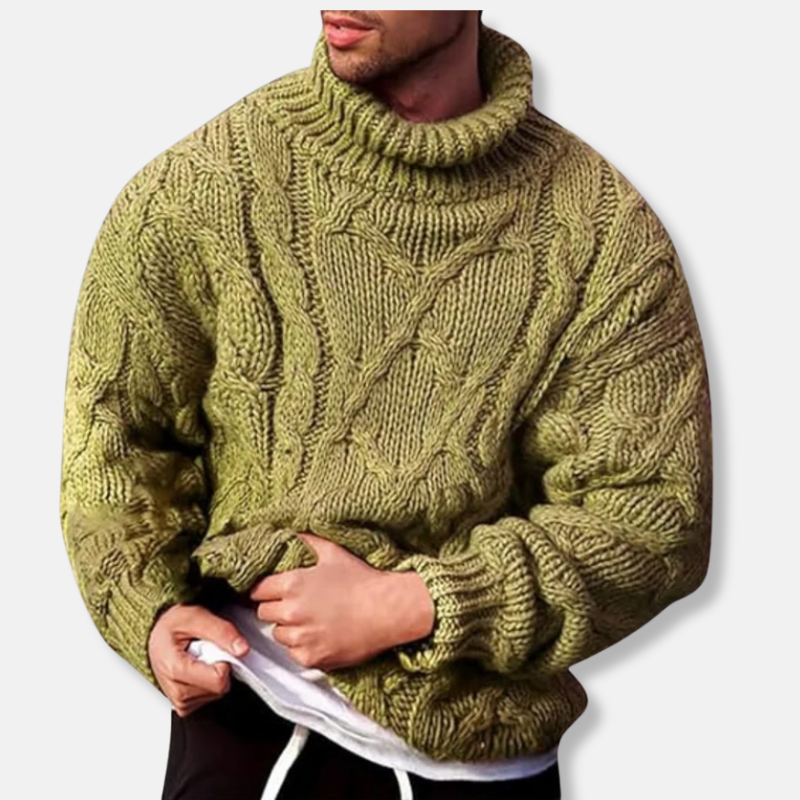 Men's thick cable knit turtleneck sweater relaxed fit, warm cozy premium pullover in neutral tone